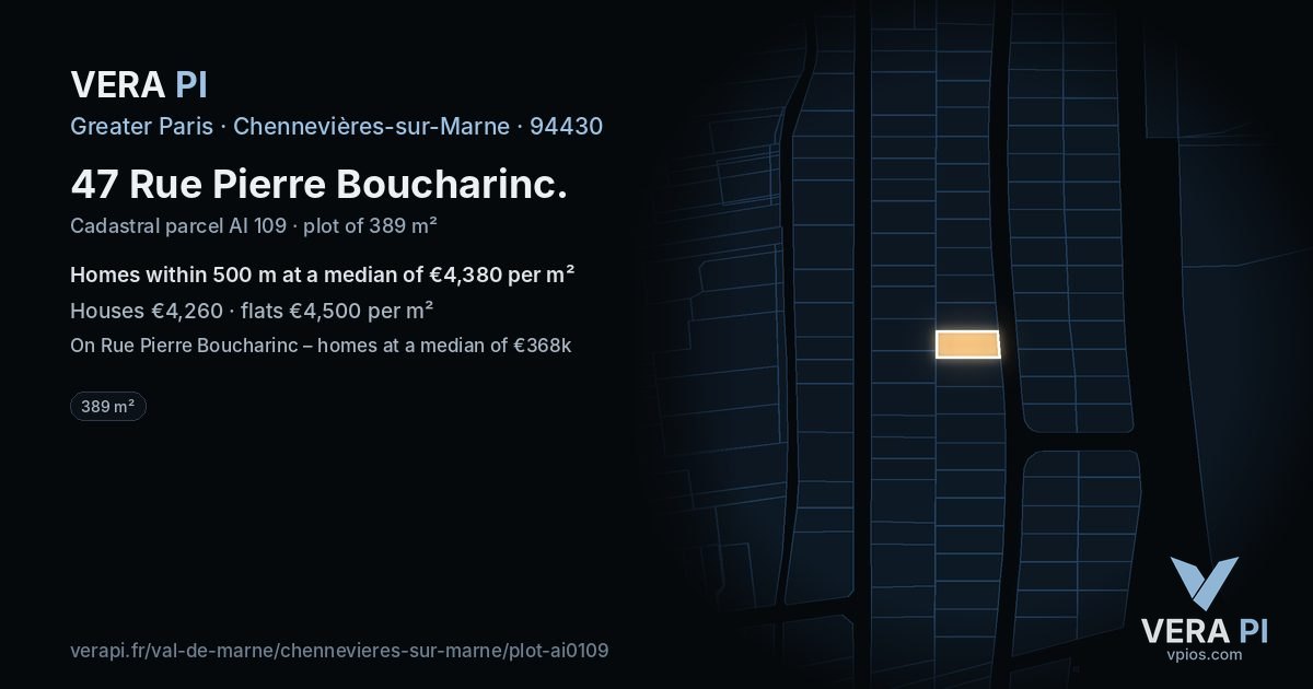 47 Rue Pierre Boucharinc, Chennevières-sur-Marne at night – the plot lit, the parcels around coloured by the prices near them