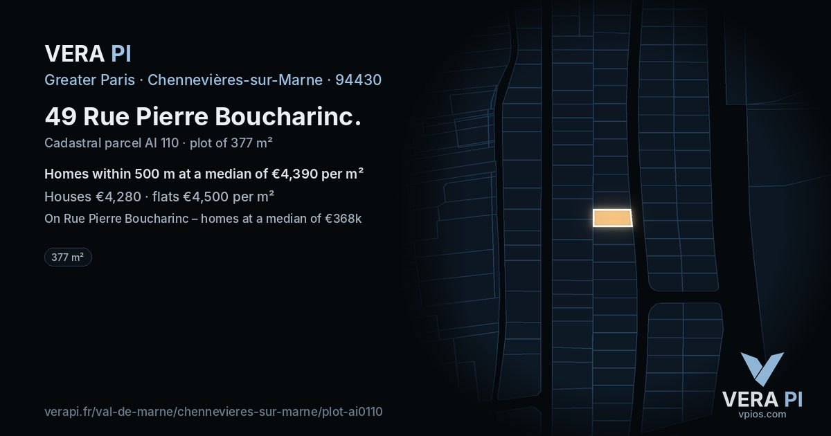 49 Rue Pierre Boucharinc, Chennevières-sur-Marne at night – the plot lit, the parcels around coloured by the prices near them