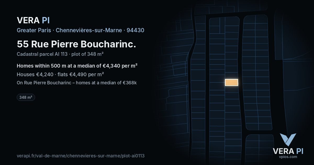 55 Rue Pierre Boucharinc, Chennevières-sur-Marne at night – the plot lit, the parcels around coloured by the prices near them