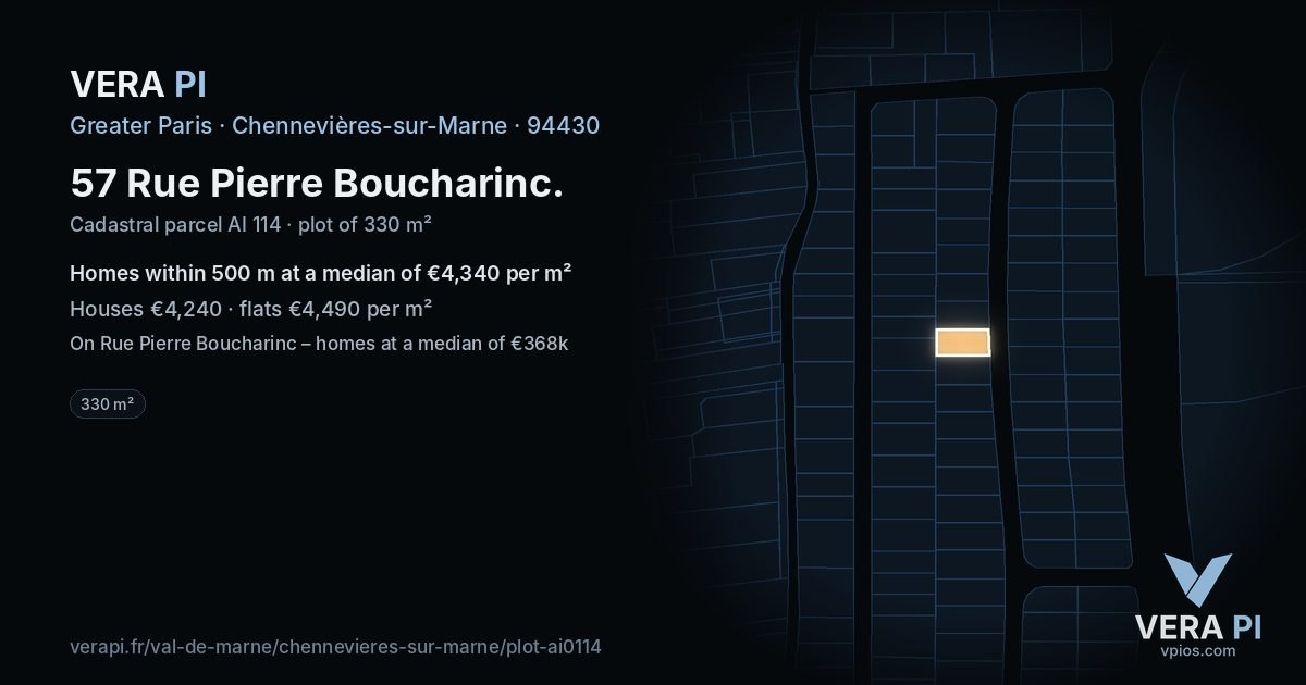 57 Rue Pierre Boucharinc, Chennevières-sur-Marne at night – the plot lit, the parcels around coloured by the prices near them