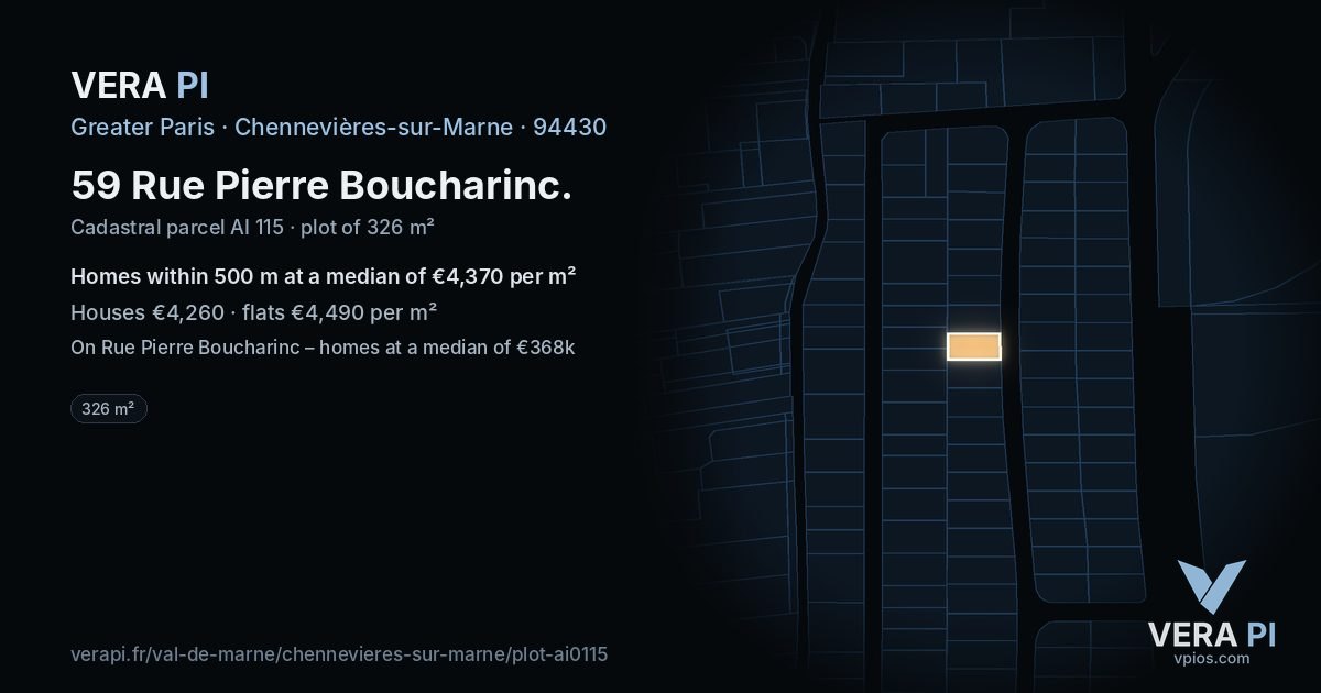 59 Rue Pierre Boucharinc, Chennevières-sur-Marne at night – the plot lit, the parcels around coloured by the prices near them