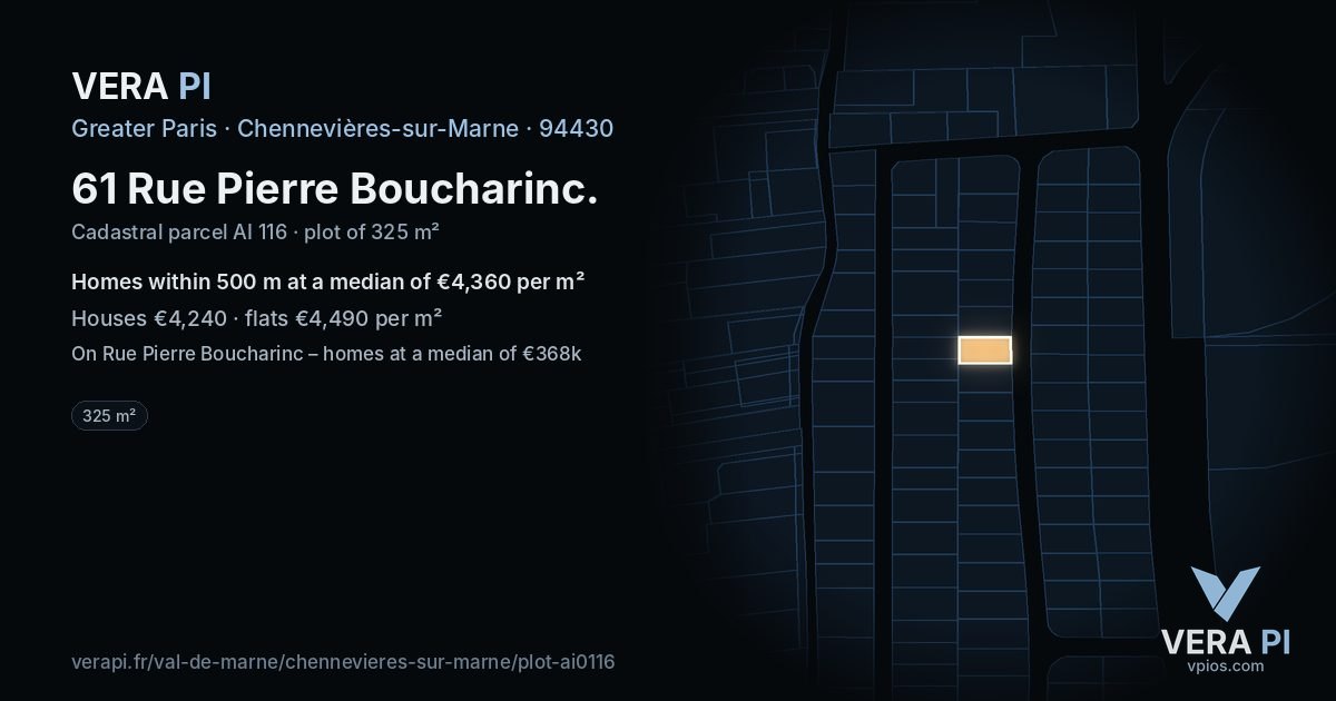 61 Rue Pierre Boucharinc, Chennevières-sur-Marne at night – the plot lit, the parcels around coloured by the prices near them
