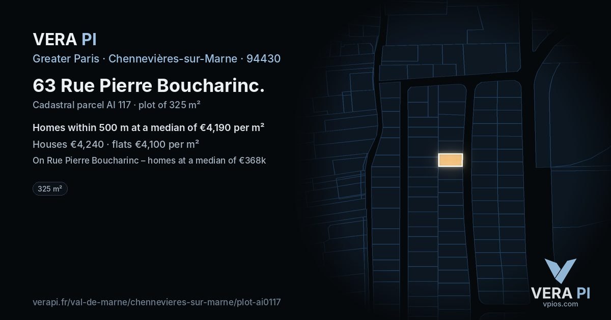 63 Rue Pierre Boucharinc, Chennevières-sur-Marne at night – the plot lit, the parcels around coloured by the prices near them