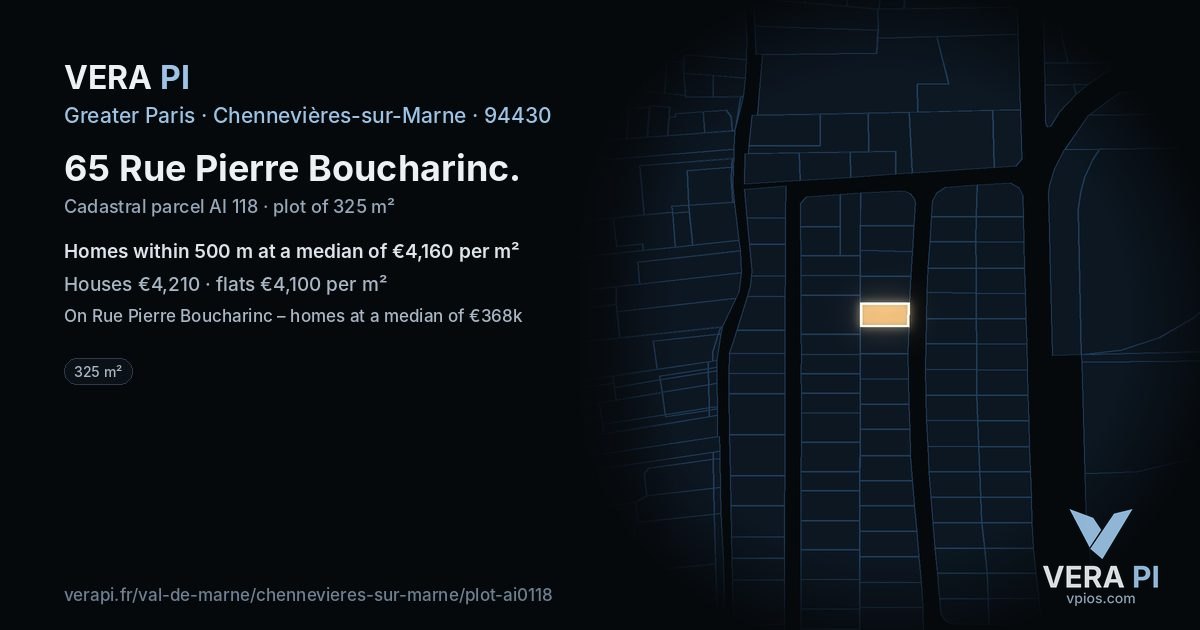 65 Rue Pierre Boucharinc, Chennevières-sur-Marne at night – the plot lit, the parcels around coloured by the prices near them