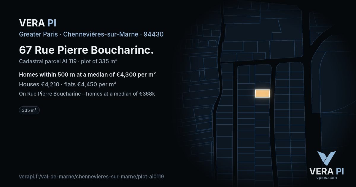 67 Rue Pierre Boucharinc, Chennevières-sur-Marne at night – the plot lit, the parcels around coloured by the prices near them