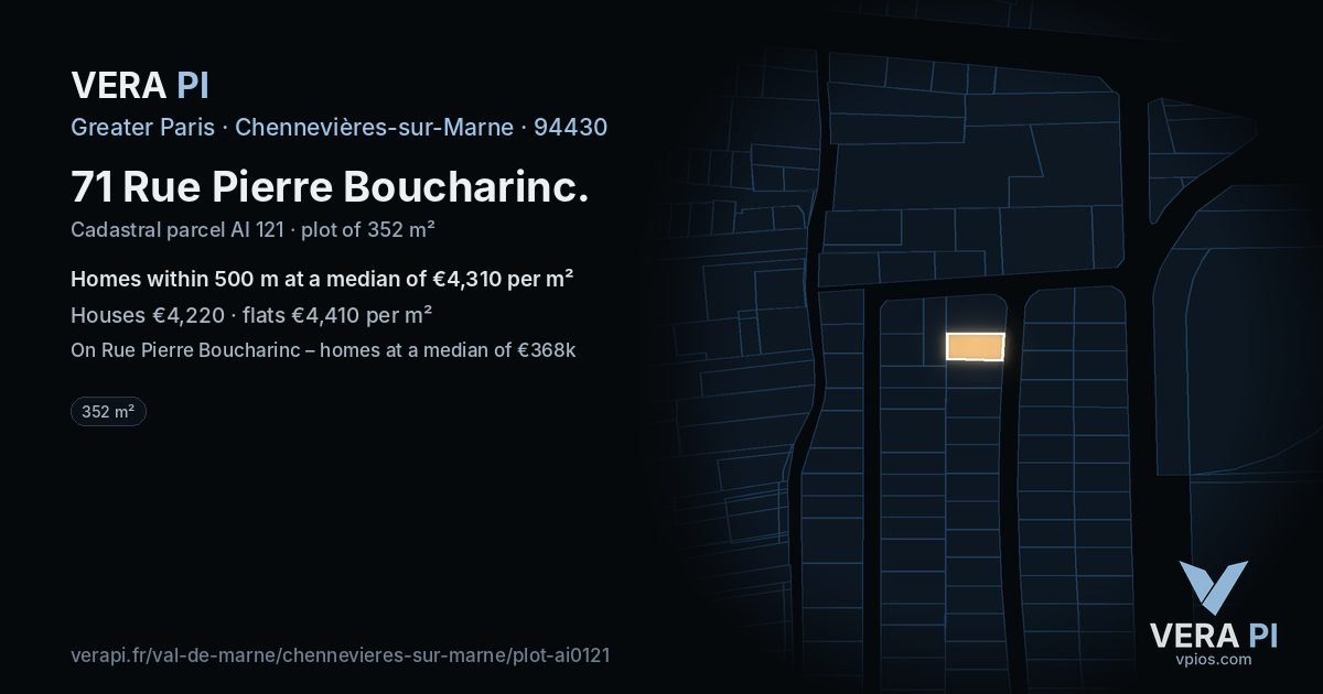 71 Rue Pierre Boucharinc, Chennevières-sur-Marne at night – the plot lit, the parcels around coloured by the prices near them