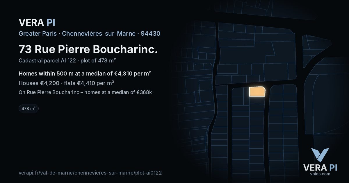 73 Rue Pierre Boucharinc, Chennevières-sur-Marne at night – the plot lit, the parcels around coloured by the prices near them