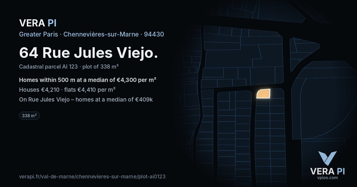 64 Rue Jules Viejo, Chennevières-sur-Marne at night – the plot lit, the parcels around coloured by the prices near them
