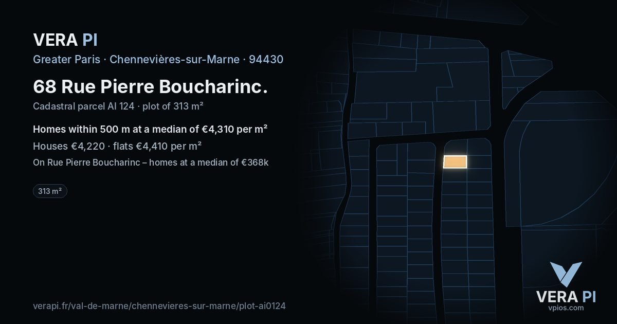 68 Rue Pierre Boucharinc, Chennevières-sur-Marne at night – the plot lit, the parcels around coloured by the prices near them