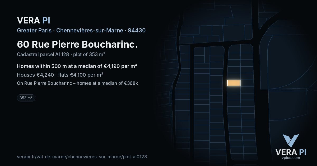 60 Rue Pierre Boucharinc, Chennevières-sur-Marne at night – the plot lit, the parcels around coloured by the prices near them