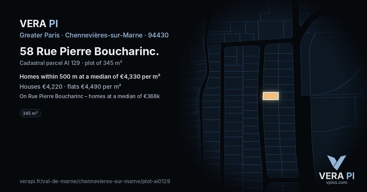 58 Rue Pierre Boucharinc, Chennevières-sur-Marne at night – the plot lit, the parcels around coloured by the prices near them