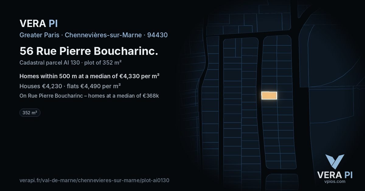 56 Rue Pierre Boucharinc, Chennevières-sur-Marne at night – the plot lit, the parcels around coloured by the prices near them
