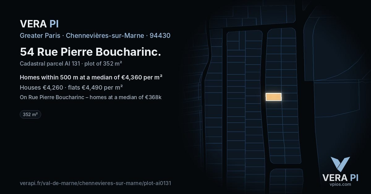 54 Rue Pierre Boucharinc, Chennevières-sur-Marne at night – the plot lit, the parcels around coloured by the prices near them