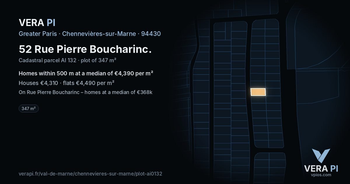 52 Rue Pierre Boucharinc, Chennevières-sur-Marne at night – the plot lit, the parcels around coloured by the prices near them