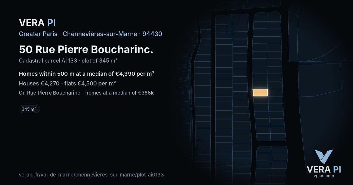 50 Rue Pierre Boucharinc, Chennevières-sur-Marne at night – the plot lit, the parcels around coloured by the prices near them