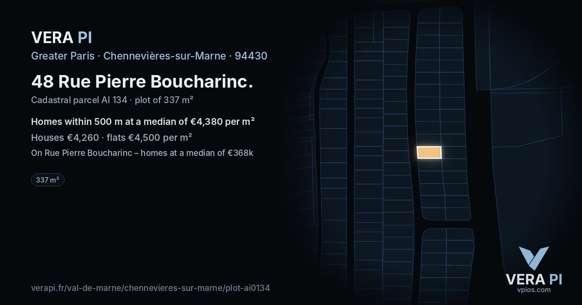48 Rue Pierre Boucharinc, Chennevières-sur-Marne at night – the plot lit, the parcels around coloured by the prices near them