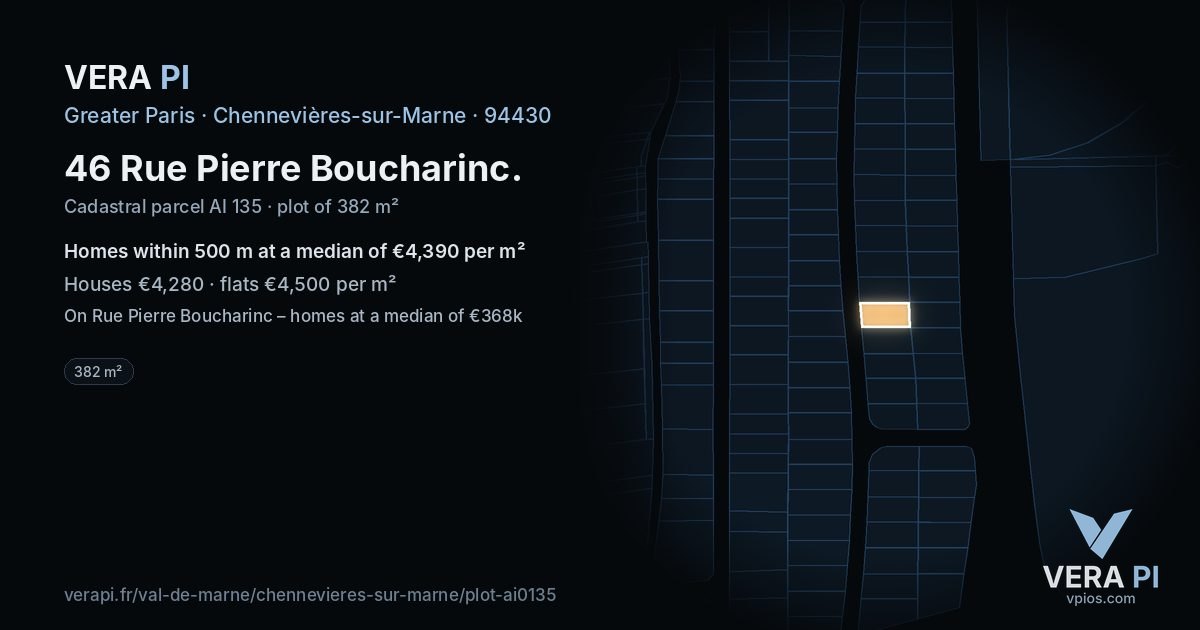 46 Rue Pierre Boucharinc, Chennevières-sur-Marne at night – the plot lit, the parcels around coloured by the prices near them