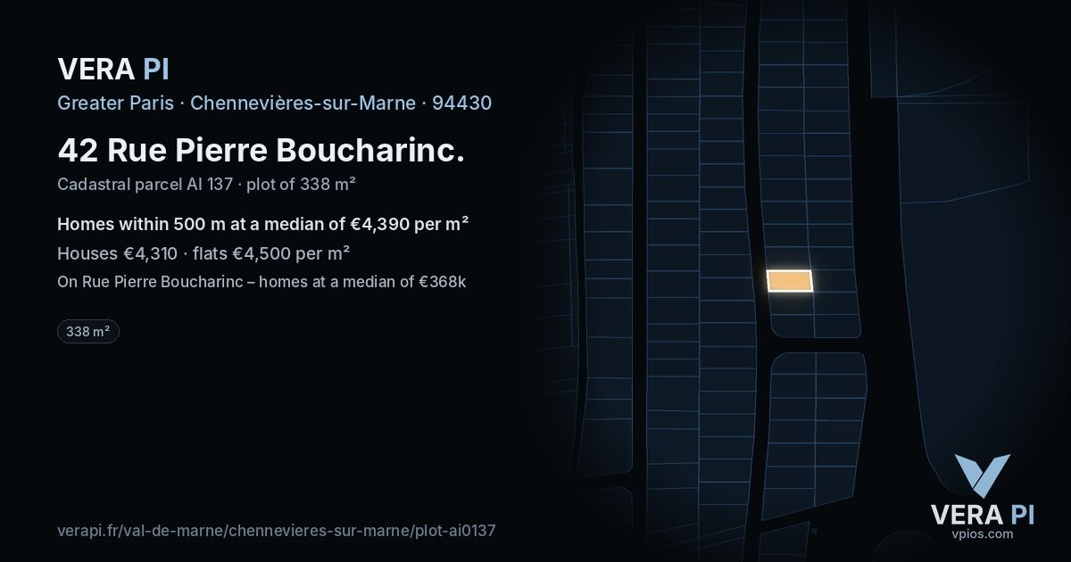 42 Rue Pierre Boucharinc, Chennevières-sur-Marne at night – the plot lit, the parcels around coloured by the prices near them