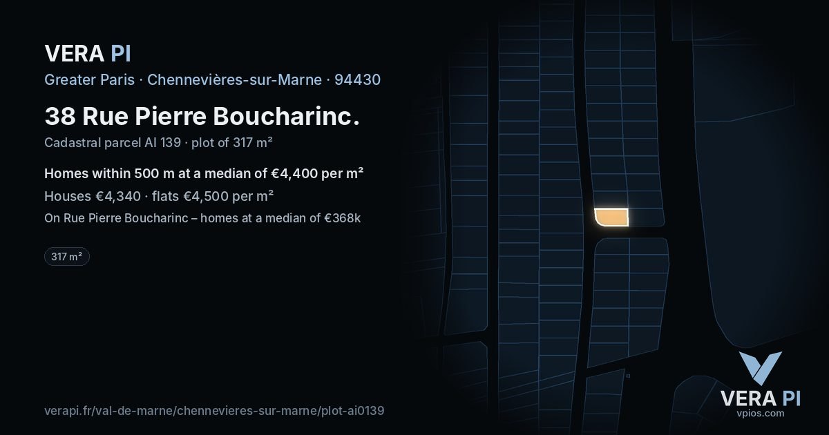 38 Rue Pierre Boucharinc, Chennevières-sur-Marne at night – the plot lit, the parcels around coloured by the prices near them