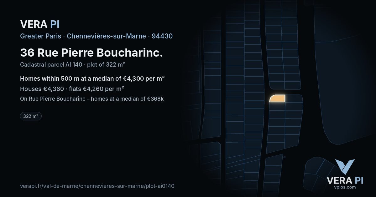 36 Rue Pierre Boucharinc, Chennevières-sur-Marne at night – the plot lit, the parcels around coloured by the prices near them
