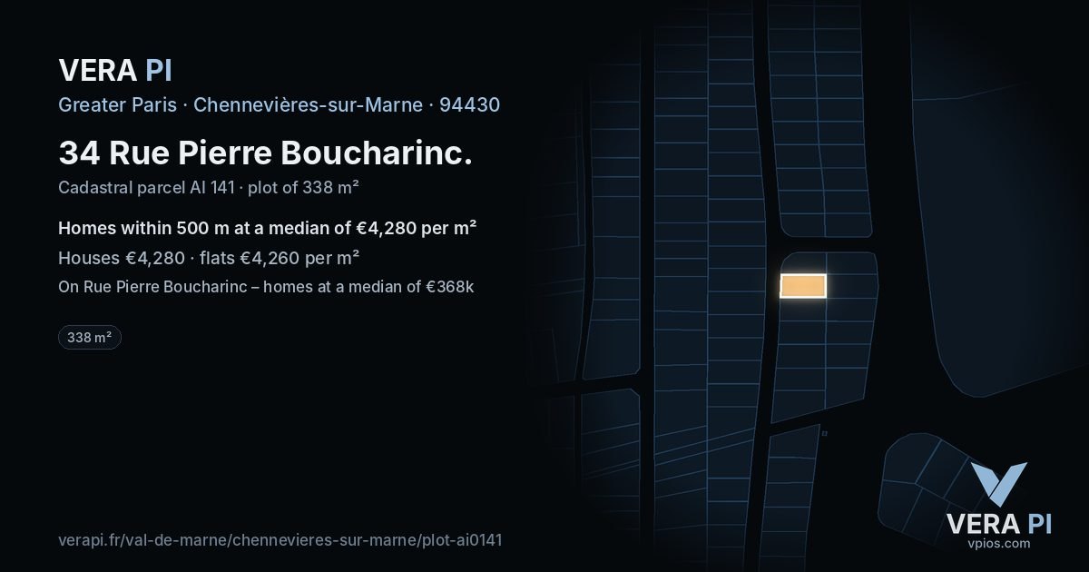 34 Rue Pierre Boucharinc, Chennevières-sur-Marne at night – the plot lit, the parcels around coloured by the prices near them