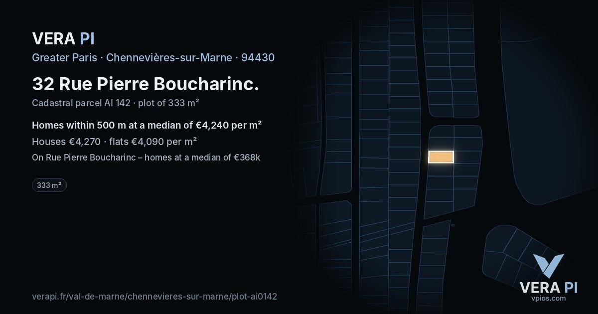 32 Rue Pierre Boucharinc, Chennevières-sur-Marne at night – the plot lit, the parcels around coloured by the prices near them