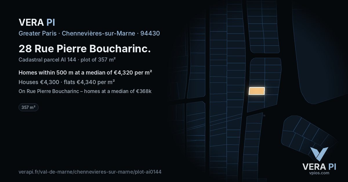 28 Rue Pierre Boucharinc, Chennevières-sur-Marne at night – the plot lit, the parcels around coloured by the prices near them