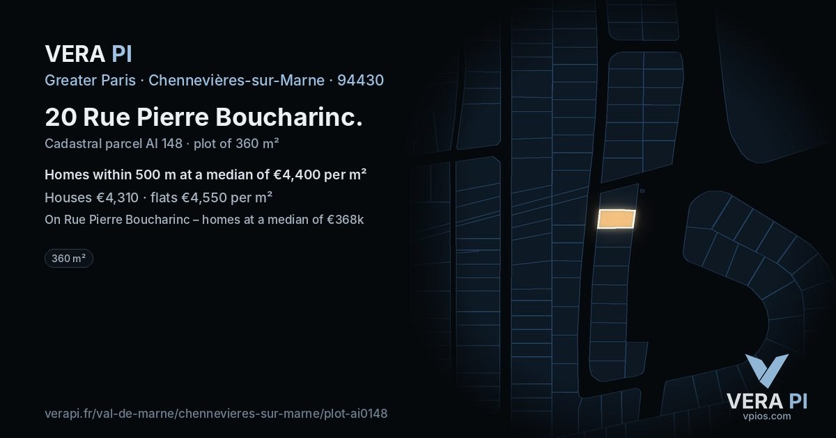 20 Rue Pierre Boucharinc, Chennevières-sur-Marne at night – the plot lit, the parcels around coloured by the prices near them
