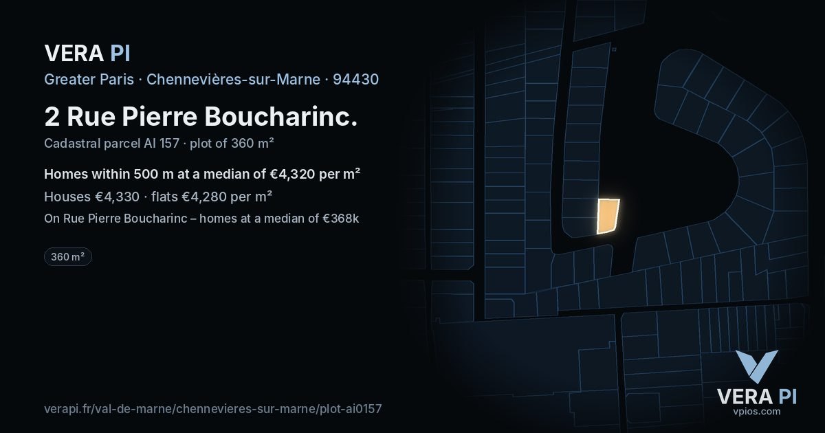 2 Rue Pierre Boucharinc, Chennevières-sur-Marne at night – the plot lit, the parcels around coloured by the prices near them