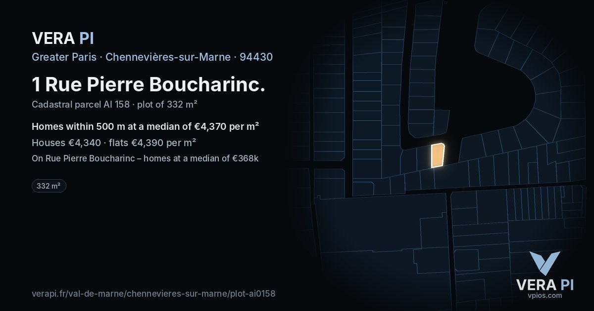 1 Rue Pierre Boucharinc, Chennevières-sur-Marne at night – the plot lit, the parcels around coloured by the prices near them