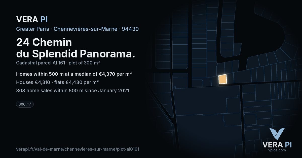 24 Chemin du Splendid Panorama, Chennevières-sur-Marne at night – the plot lit, the parcels around coloured by the prices near them