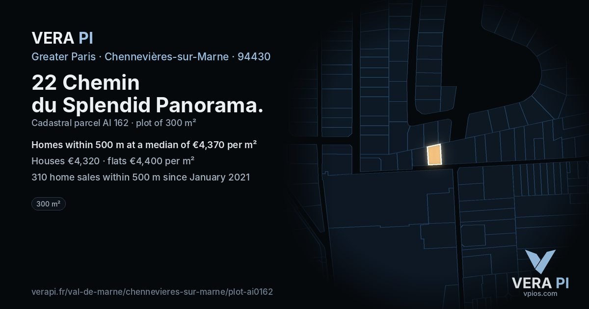 22 Chemin du Splendid Panorama, Chennevières-sur-Marne at night – the plot lit, the parcels around coloured by the prices near them