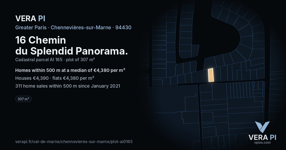 16 Chemin du Splendid Panorama, Chennevières-sur-Marne at night – the plot lit, the parcels around coloured by the prices near them