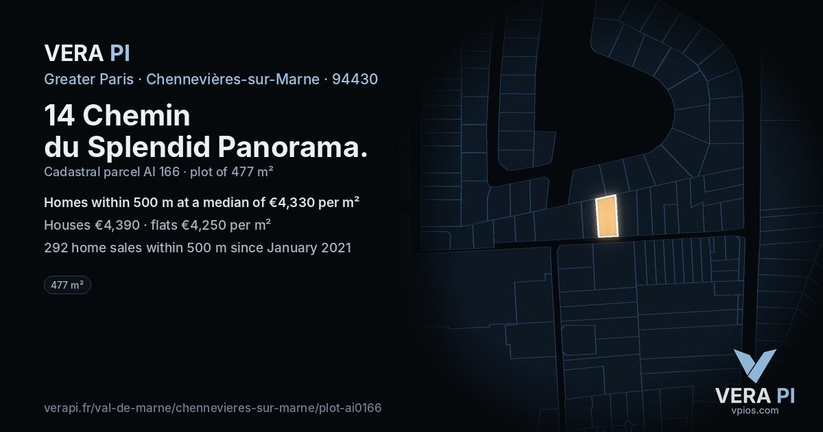 14 Chemin du Splendid Panorama, Chennevières-sur-Marne at night – the plot lit, the parcels around coloured by the prices near them