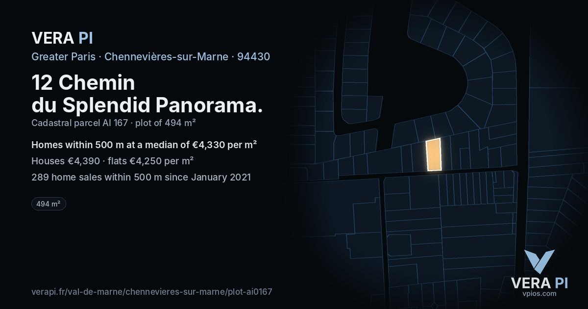 12 Chemin du Splendid Panorama, Chennevières-sur-Marne at night – the plot lit, the parcels around coloured by the prices near them