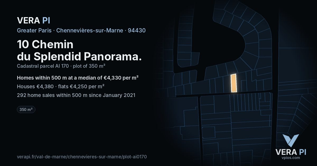 10 Chemin du Splendid Panorama, Chennevières-sur-Marne at night – the plot lit, the parcels around coloured by the prices near them