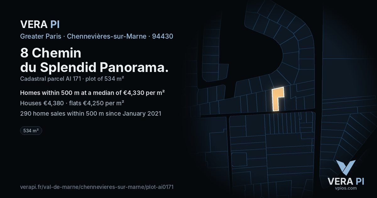 8 Chemin du Splendid Panorama, Chennevières-sur-Marne at night – the plot lit, the parcels around coloured by the prices near them