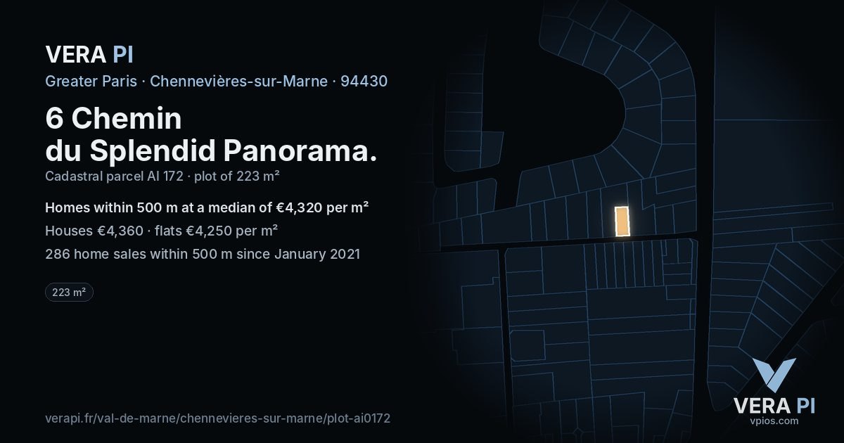 6 Chemin du Splendid Panorama, Chennevières-sur-Marne at night – the plot lit, the parcels around coloured by the prices near them