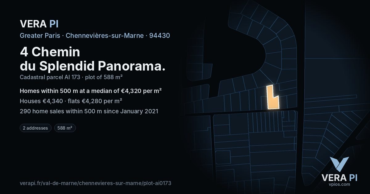 4 Chemin du Splendid Panorama, Chennevières-sur-Marne at night – the plot lit, the parcels around coloured by the prices near them