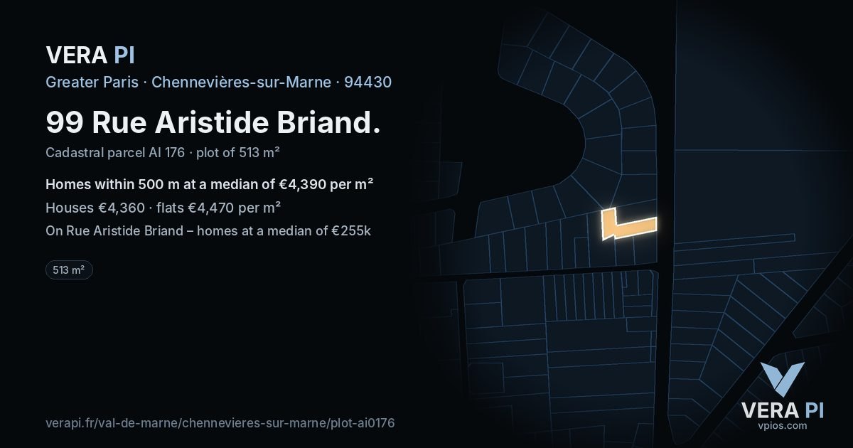 99 Rue Aristide Briand, Chennevières-sur-Marne at night – the plot lit, the parcels around coloured by the prices near them