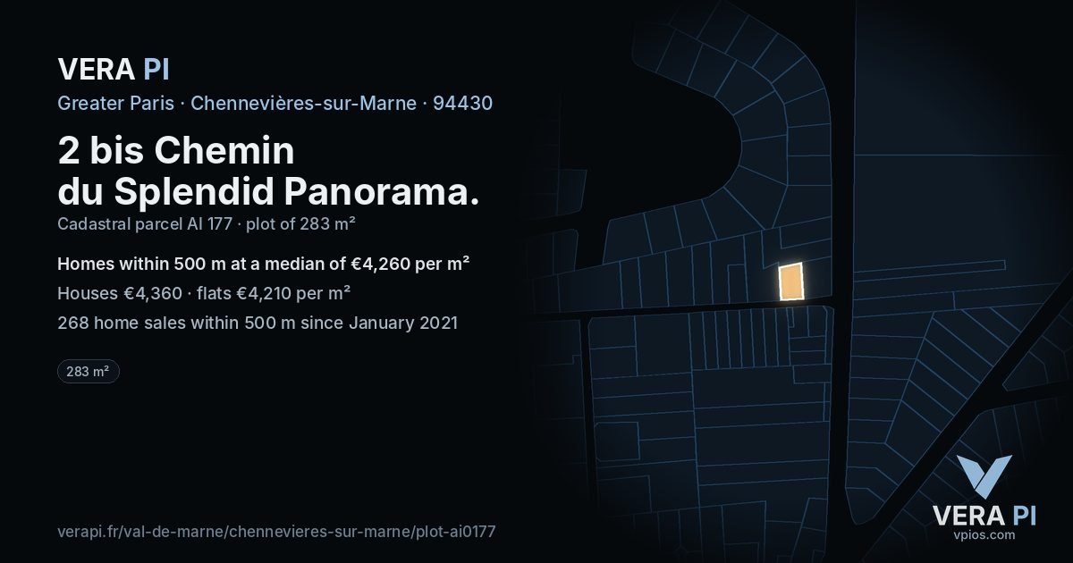 2 bis Chemin du Splendid Panorama, Chennevières-sur-Marne at night – the plot lit, the parcels around coloured by the prices near them