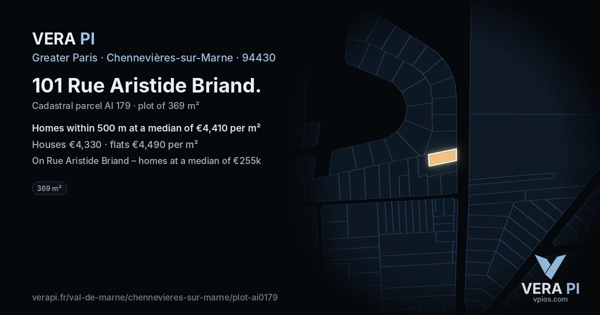 101 Rue Aristide Briand, Chennevières-sur-Marne at night – the plot lit, the parcels around coloured by the prices near them