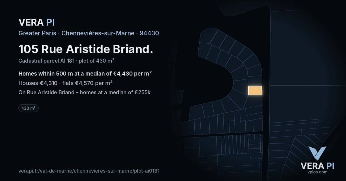 105 Rue Aristide Briand, Chennevières-sur-Marne at night – the plot lit, the parcels around coloured by the prices near them