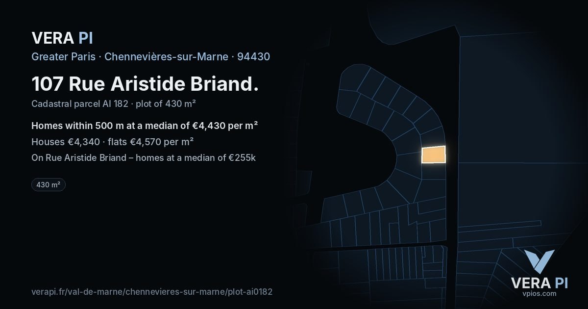 107 Rue Aristide Briand, Chennevières-sur-Marne at night – the plot lit, the parcels around coloured by the prices near them
