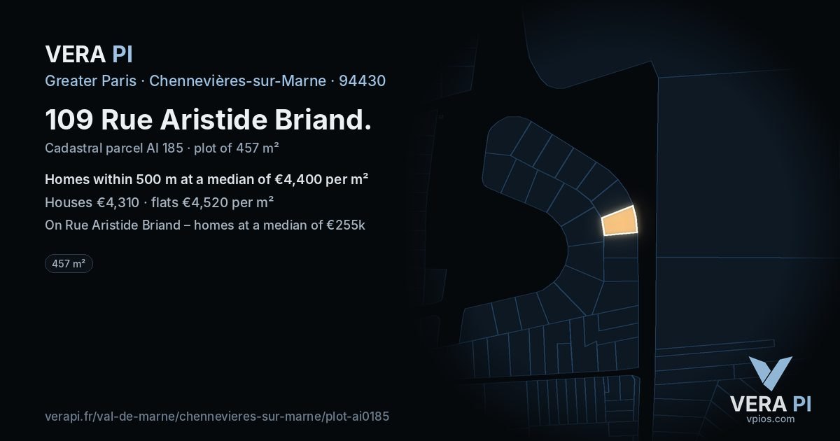 109 Rue Aristide Briand, Chennevières-sur-Marne at night – the plot lit, the parcels around coloured by the prices near them