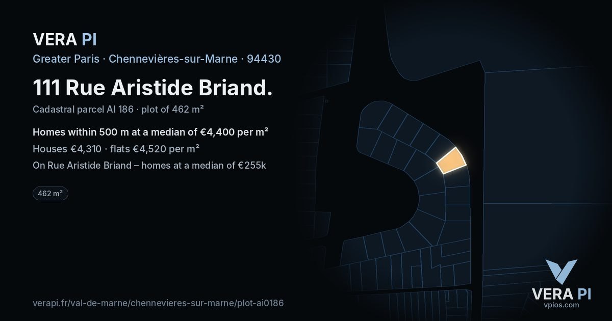 111 Rue Aristide Briand, Chennevières-sur-Marne at night – the plot lit, the parcels around coloured by the prices near them