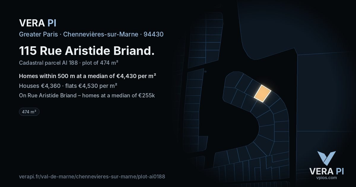 115 Rue Aristide Briand, Chennevières-sur-Marne at night – the plot lit, the parcels around coloured by the prices near them