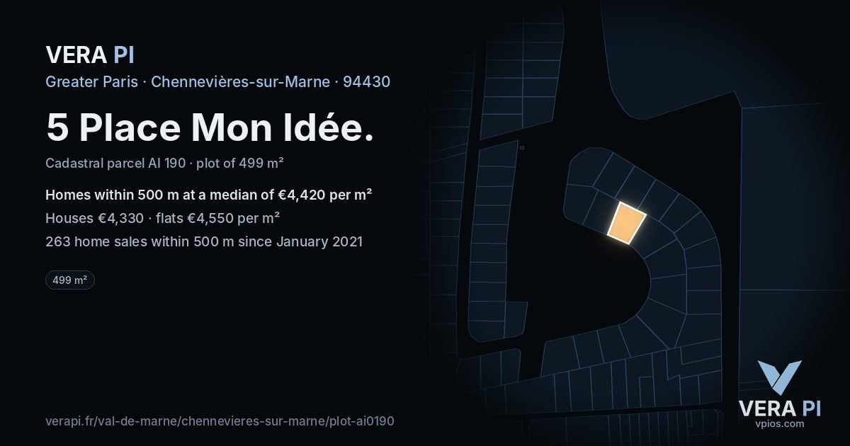 5 Place Mon Idée, Chennevières-sur-Marne at night – the plot lit, the parcels around coloured by the prices near them