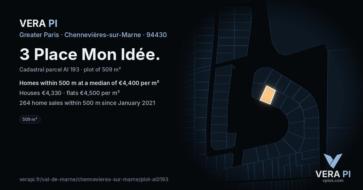 3 Place Mon Idée, Chennevières-sur-Marne at night – the plot lit, the parcels around coloured by the prices near them