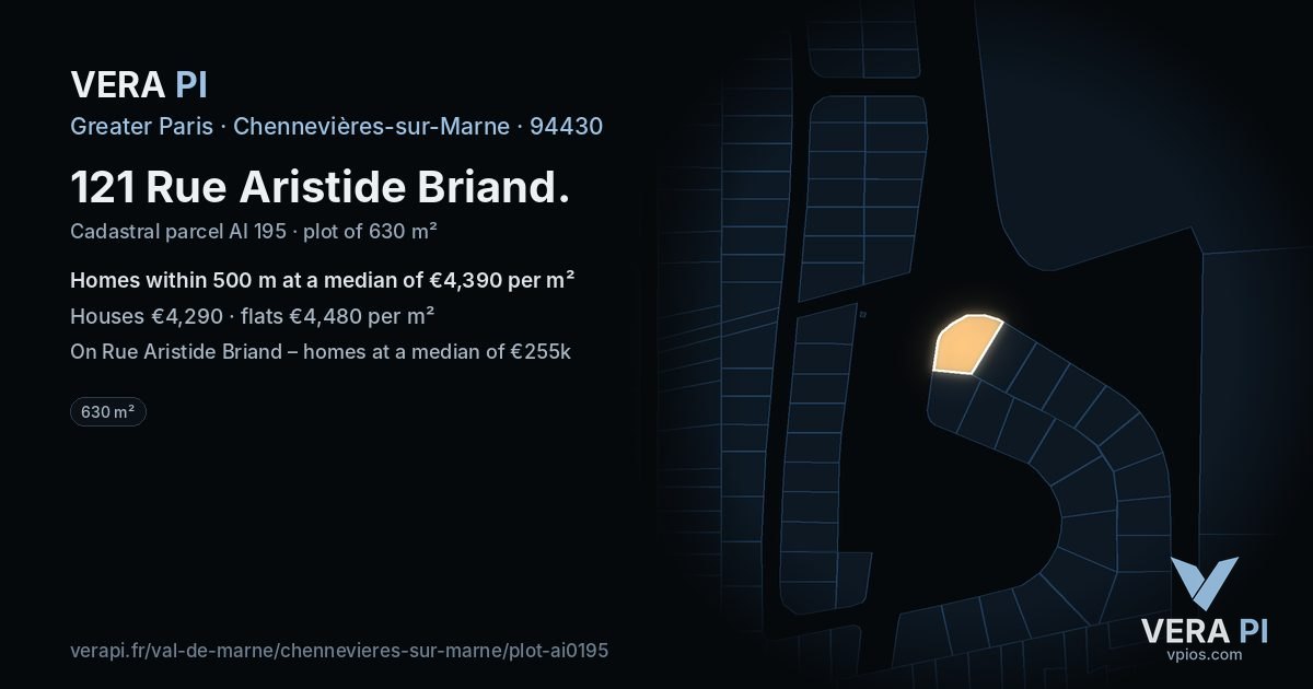 121 Rue Aristide Briand, Chennevières-sur-Marne at night – the plot lit, the parcels around coloured by the prices near them